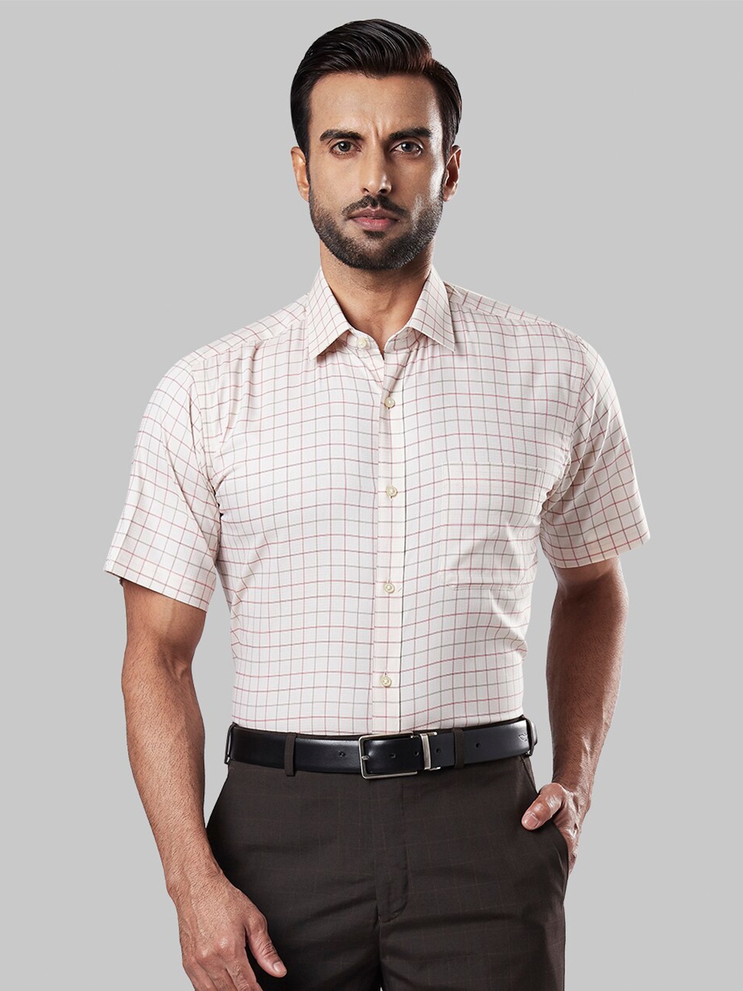 

Raymond Men Beige Cotton Checked Formal Shirt