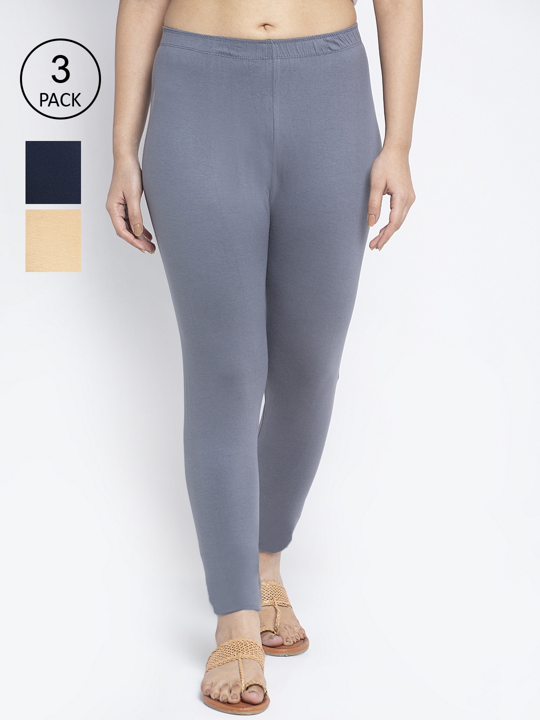 

Jinfo Women Pack Of 3 Solid Ankle-Length Leggings, Grey