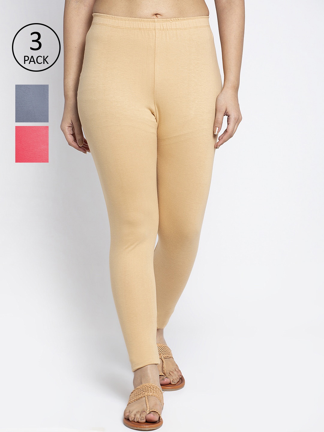 

Jinfo Women Pack Of 3 Beige Grey & Pink Solid Ankle-Length Leggings