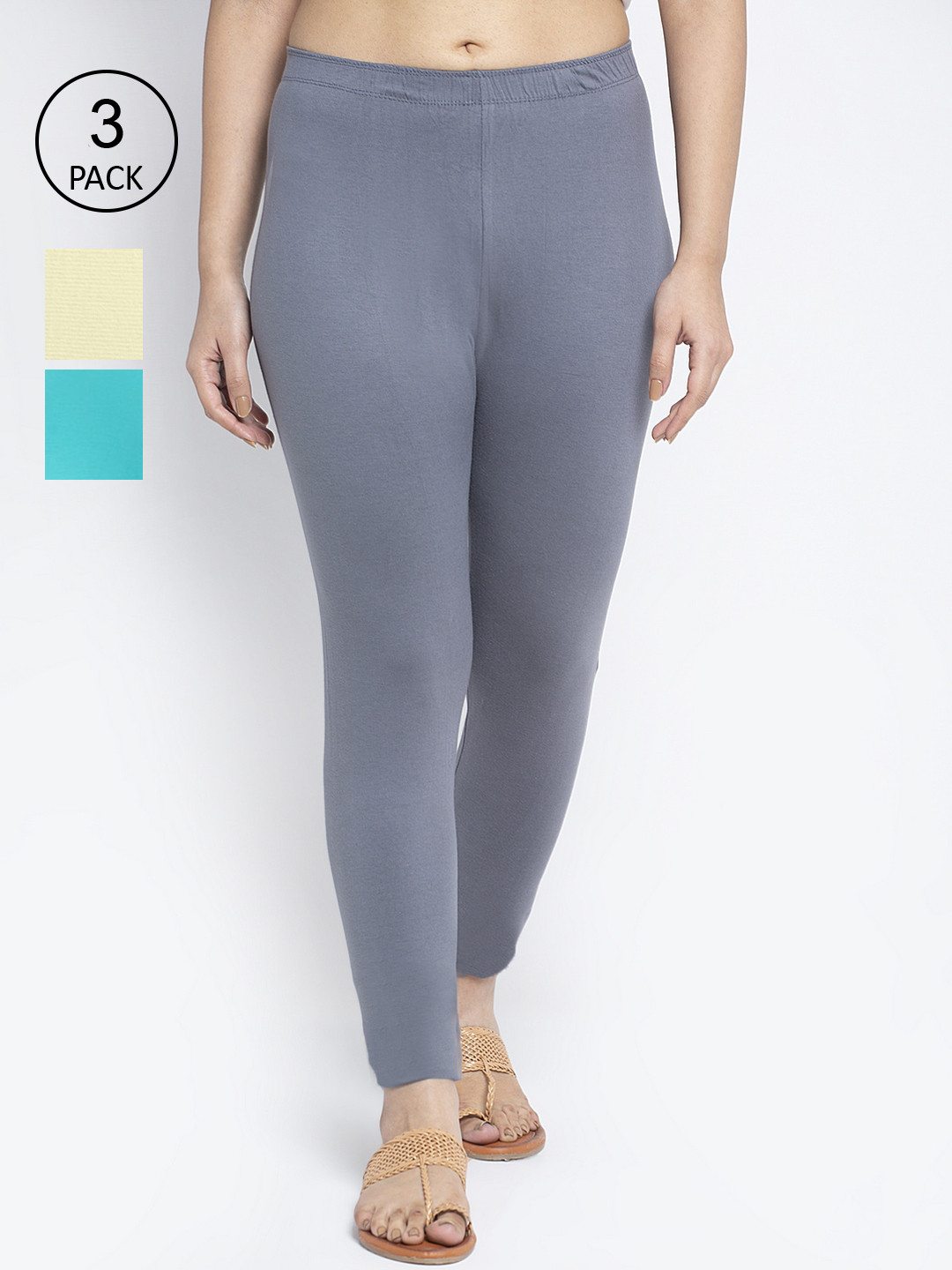 

Jinfo Women Pack Of 3 Solid Ankle-Length Super Combed Cotton Leggings, Grey