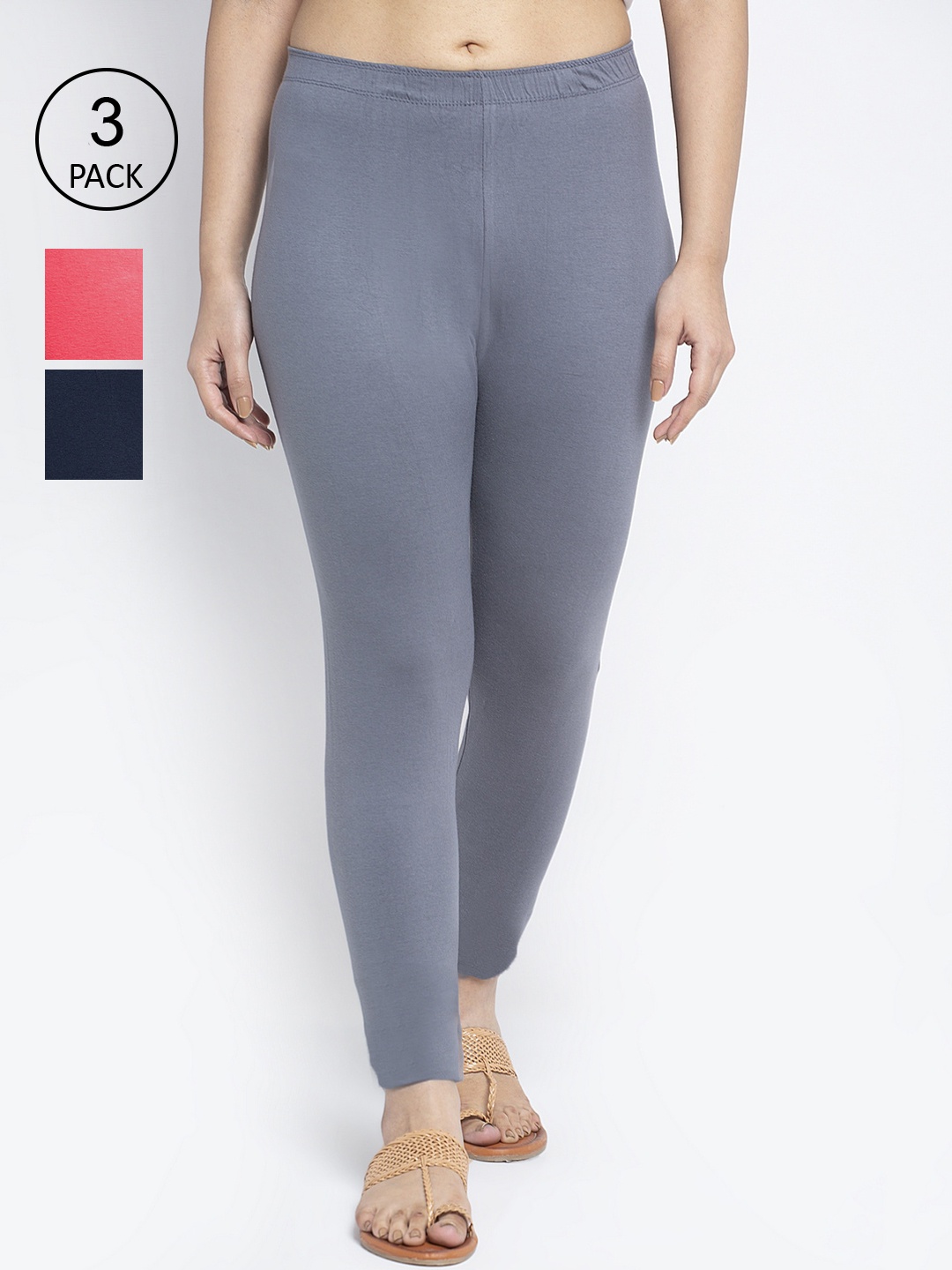 

Jinfo Women Pack Of 3 Grey & Navy Blue Solid Ankle-Length Leggings