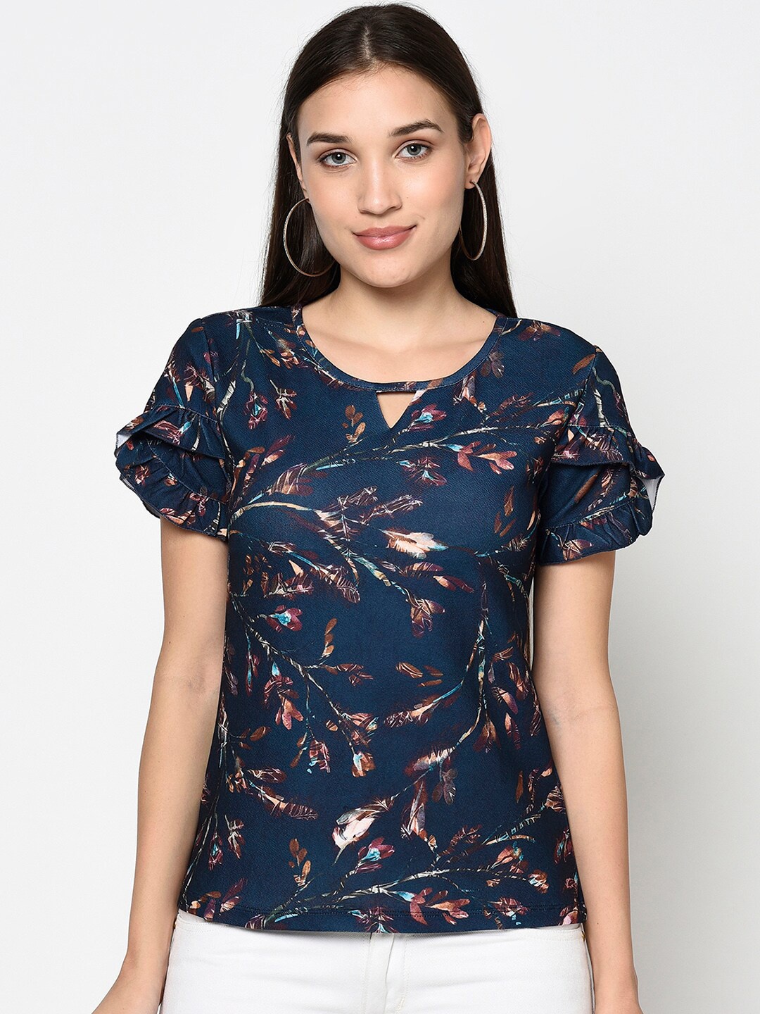 

Miss Grace Navy Blue Floral Print Keyhole Neck Top