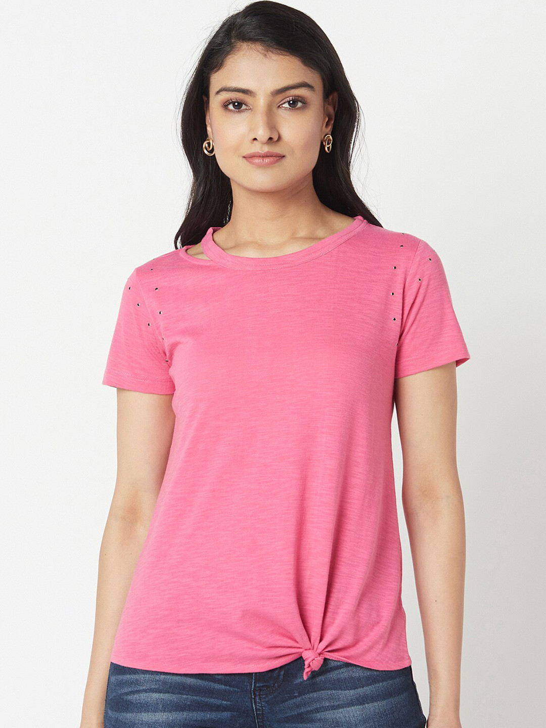 

Miss Grace Pink Solid Neck Cut- Out Detail Top