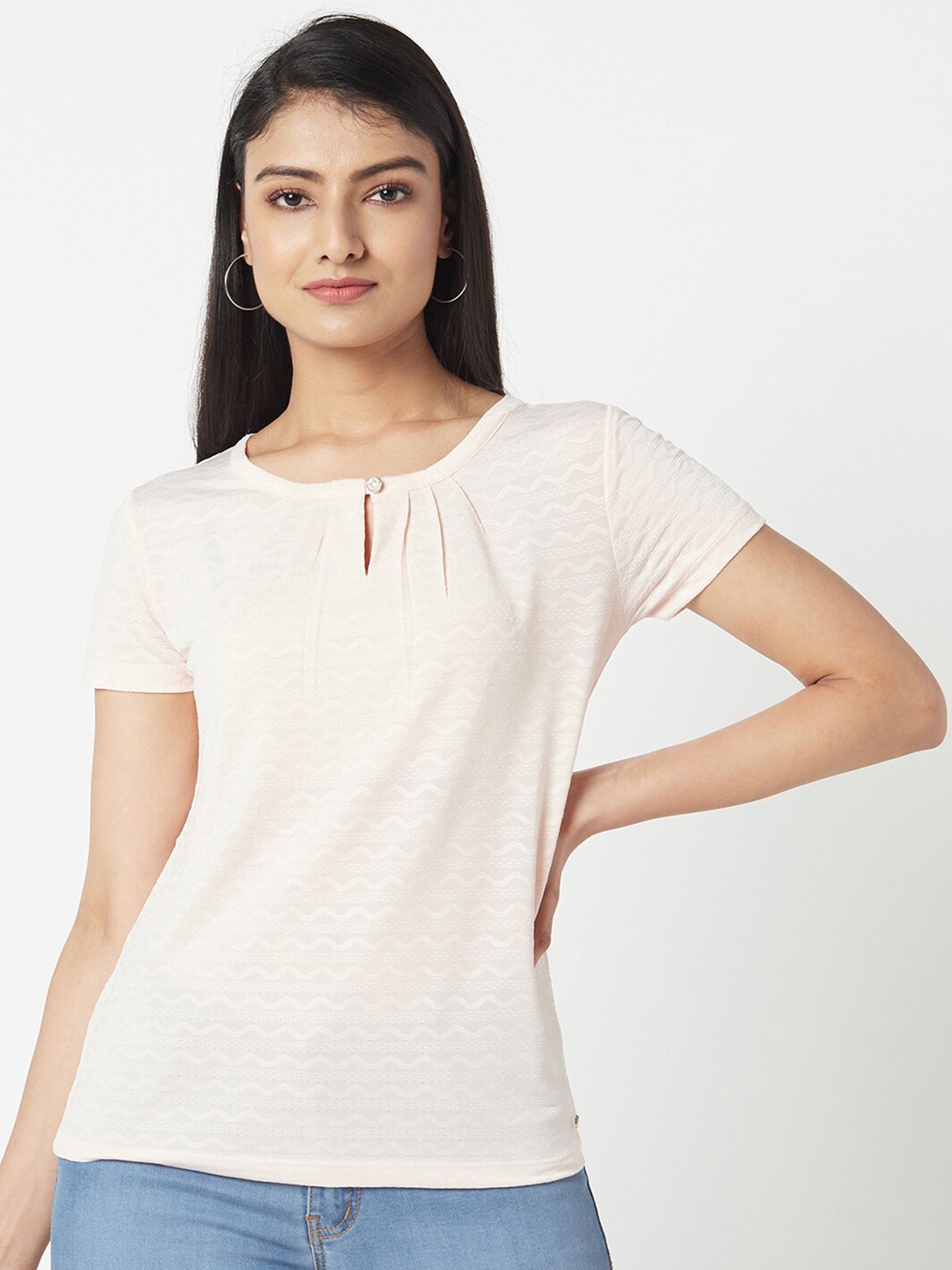 

Miss Grace Pink Keyhole Neck Solid Top