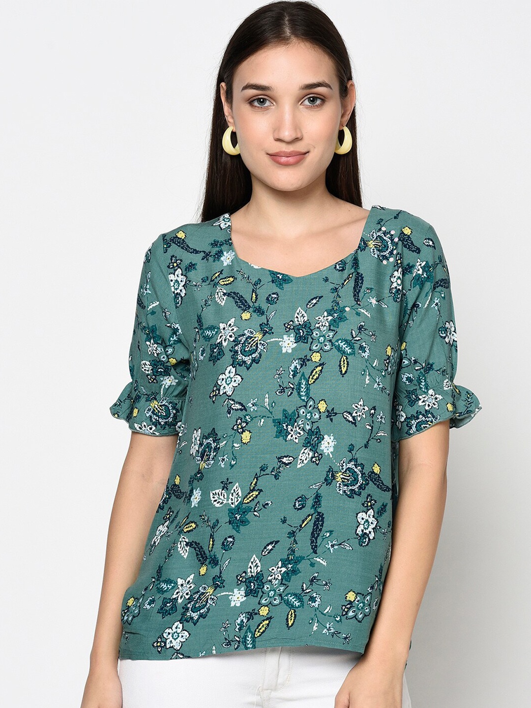 

Miss Grace Green Floral Print Sweetheart Neck Top