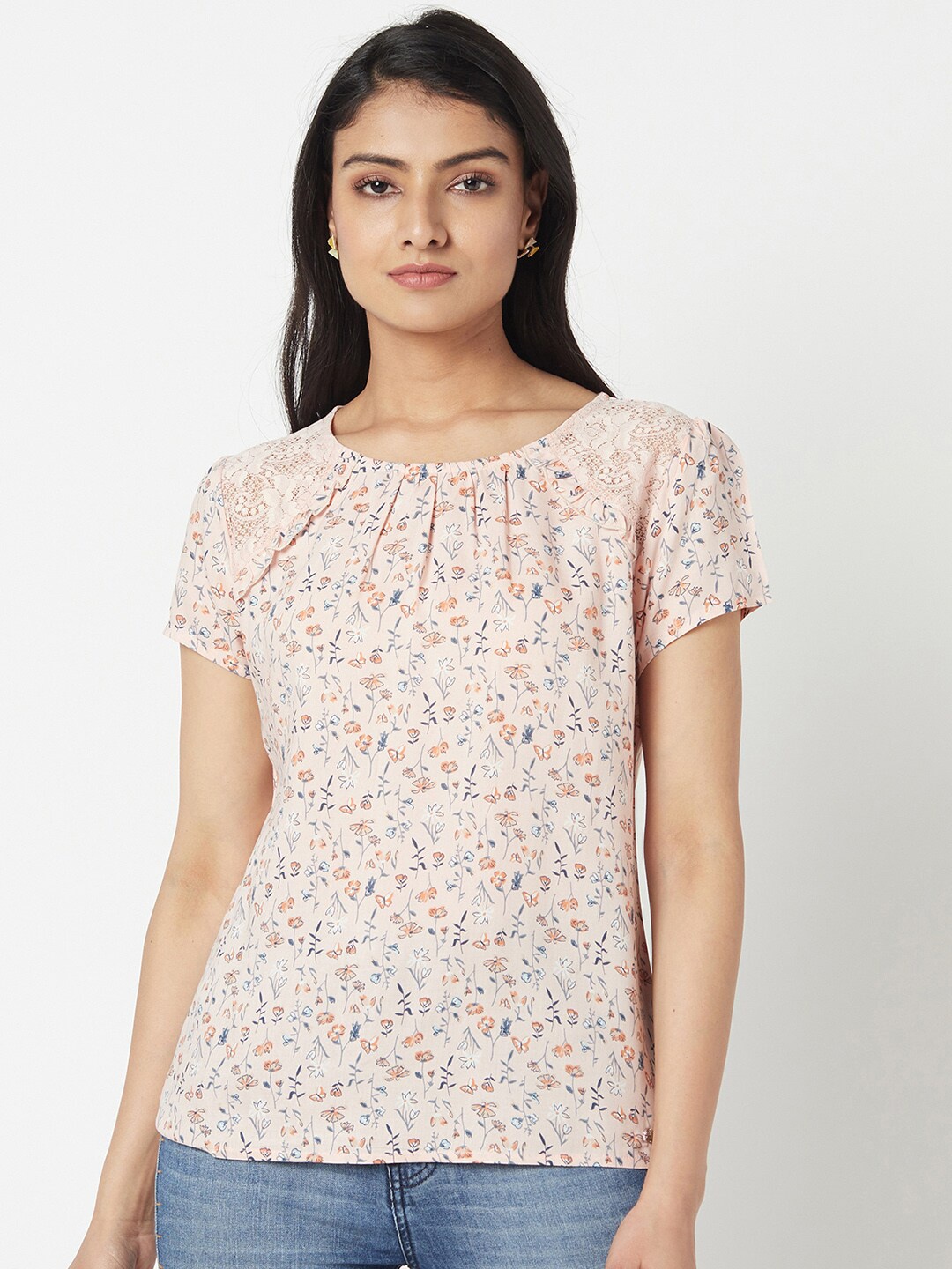 

Miss Grace Peach-Coloured Floral Print Top