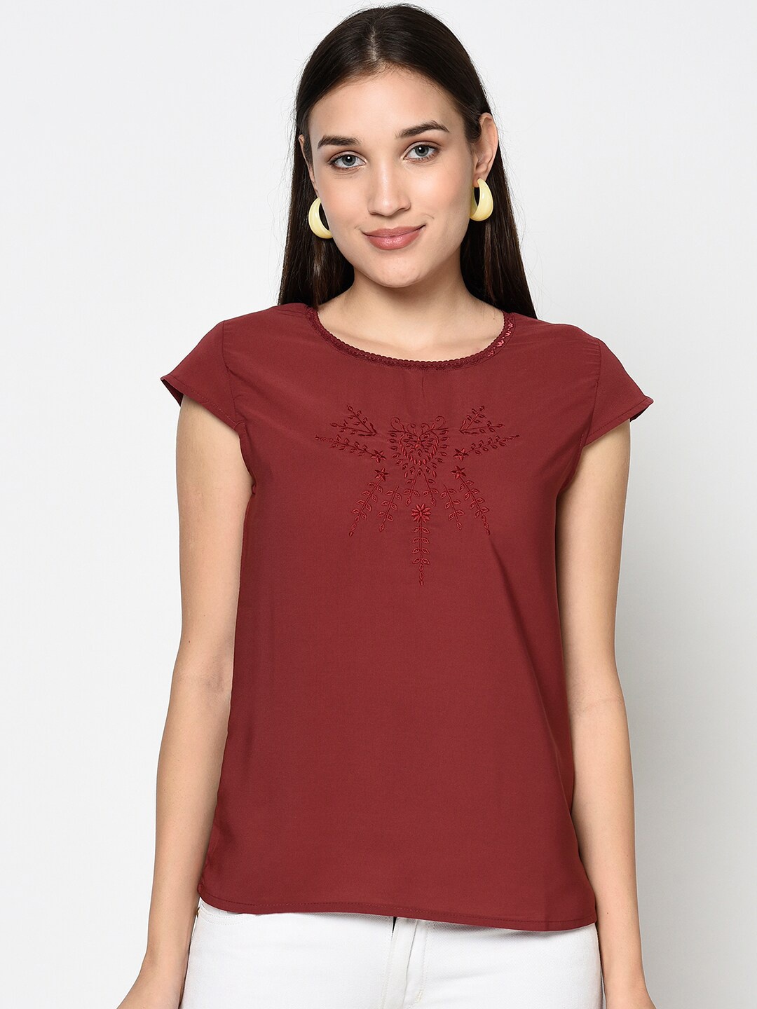 

Miss Grace WOMEN Maroon Embroidered Top