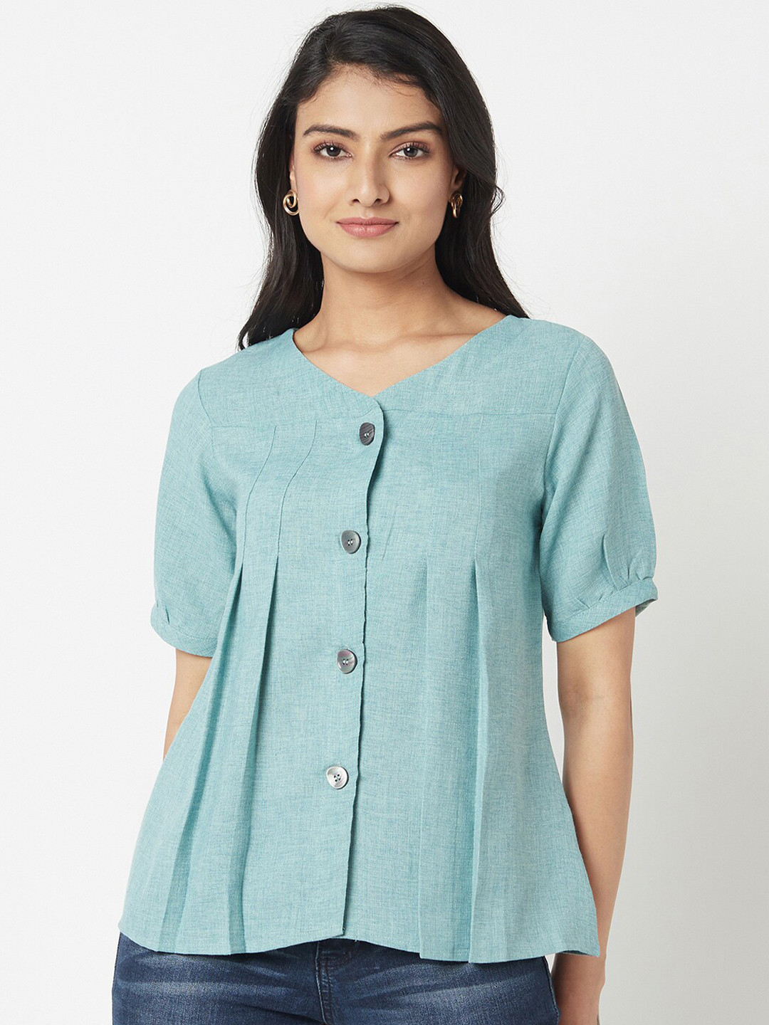 

Miss Grace Sea Green Solid Pleated Front Open Top