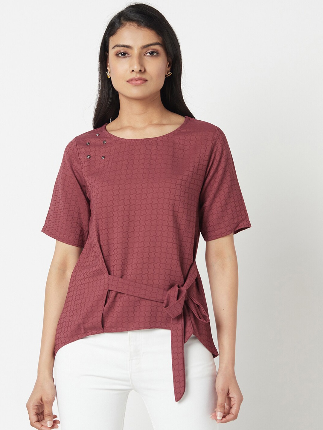 

Miss Grace Maroon Solid Waist Tie-Up Top