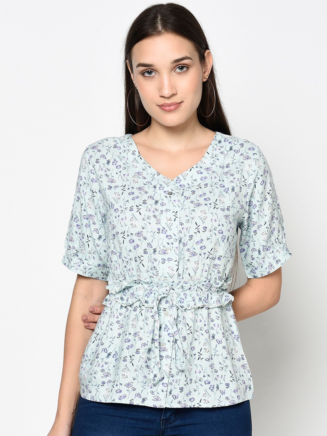 

Miss Grace Blue Floral Print Cinched Waist Top