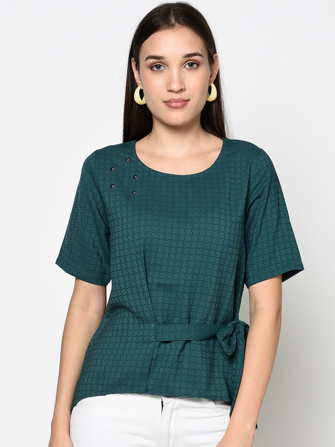 

Miss Grace Green Geometric Cinched Waist Top