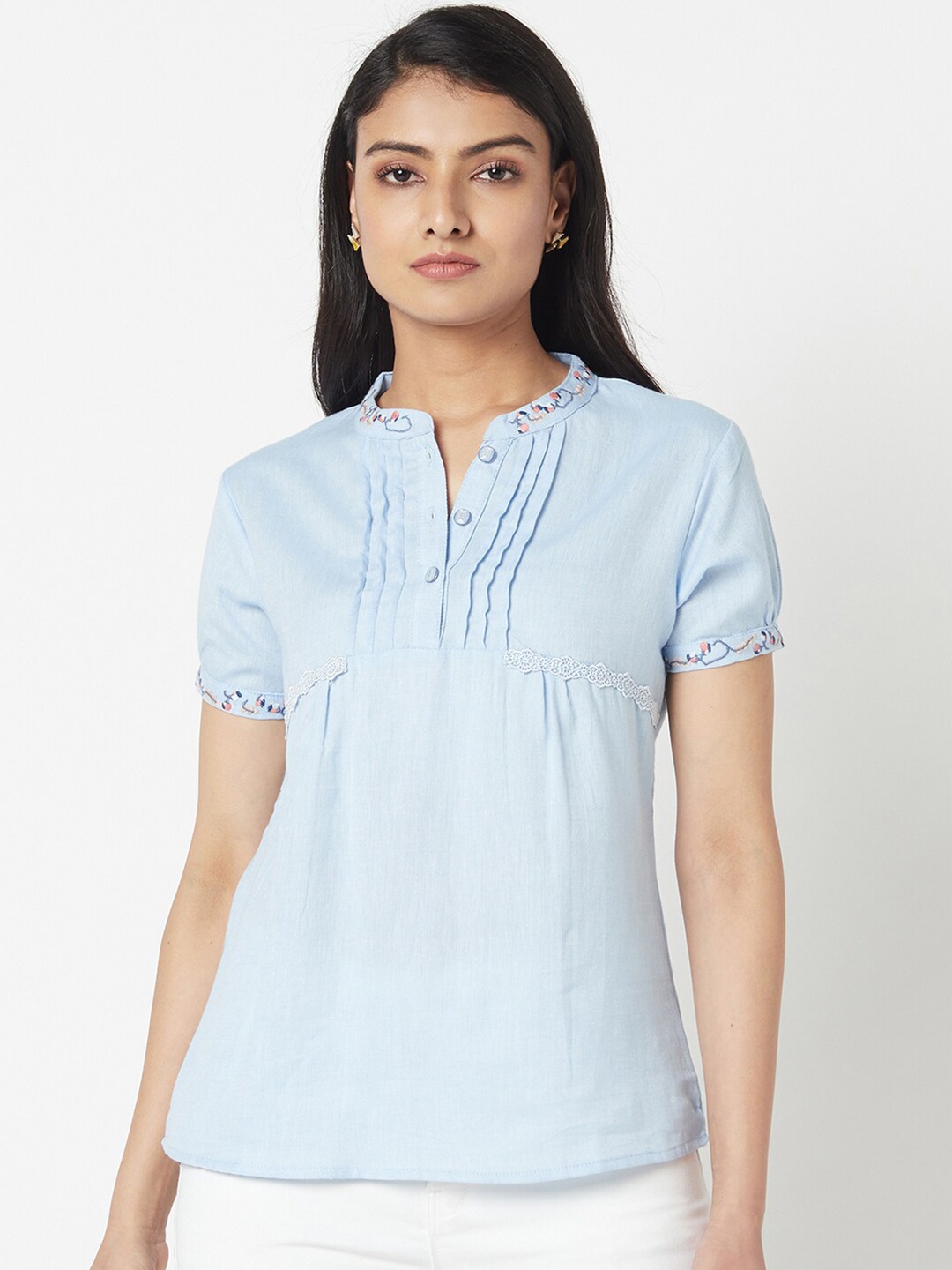 

Miss Grace Blue Mandarin Collar Top
