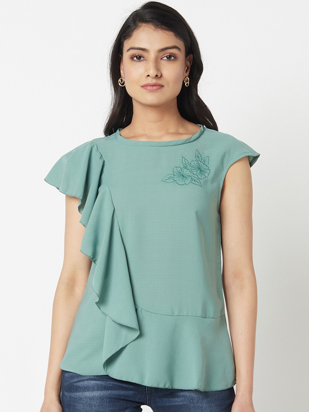 

Miss Grace Women Green Ruffles Embroidered Top