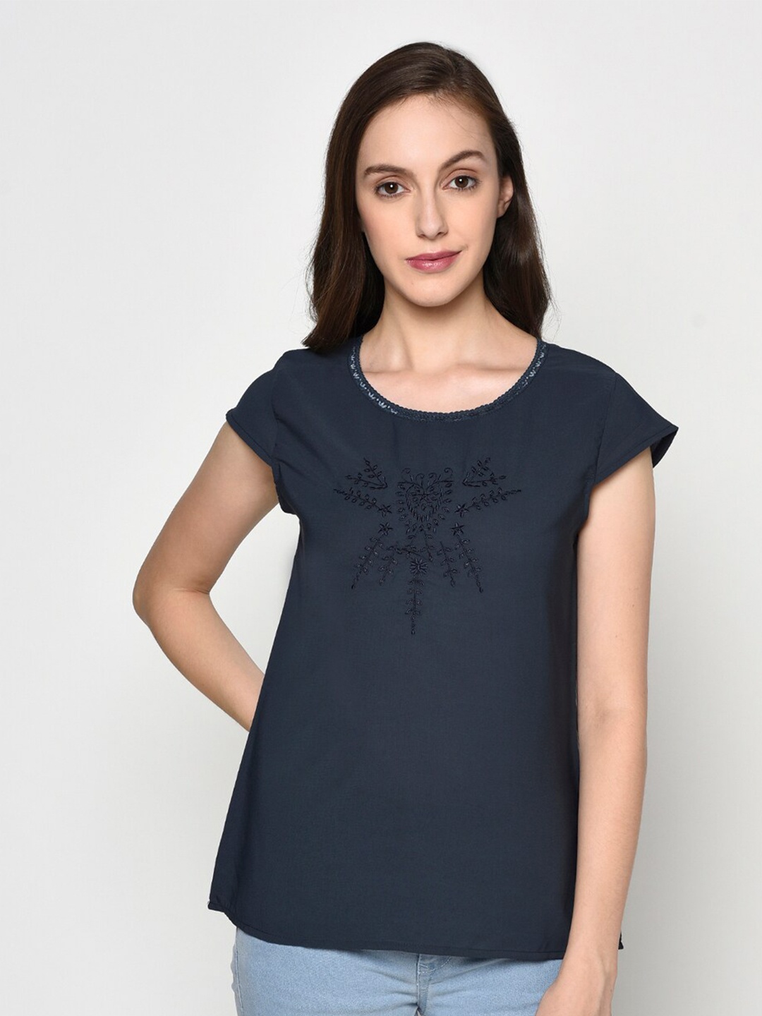 

Miss Grace Navy Blue Floral Embroidered Top