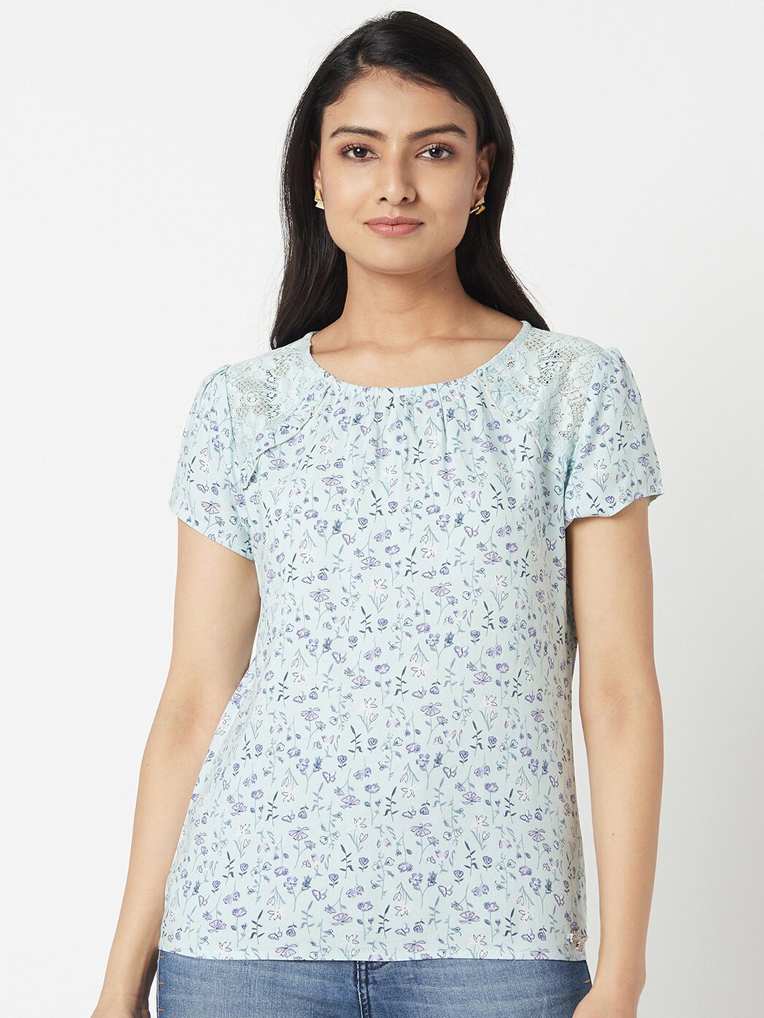 

Miss Grace Women Blue Floral Printed Short Sleeves Top
