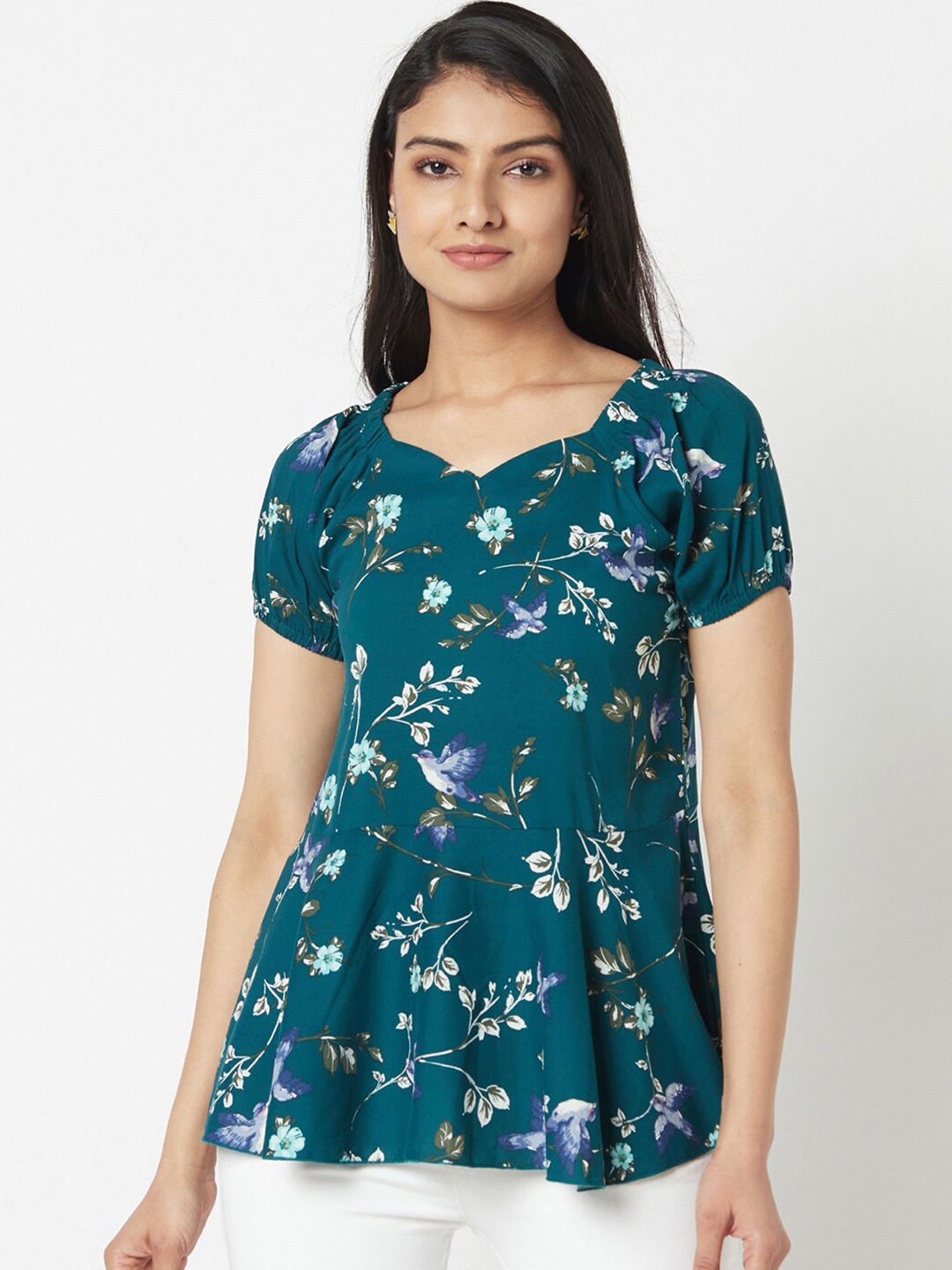 

Miss Grace Women Green Floral Print Sweetheart Neck Top