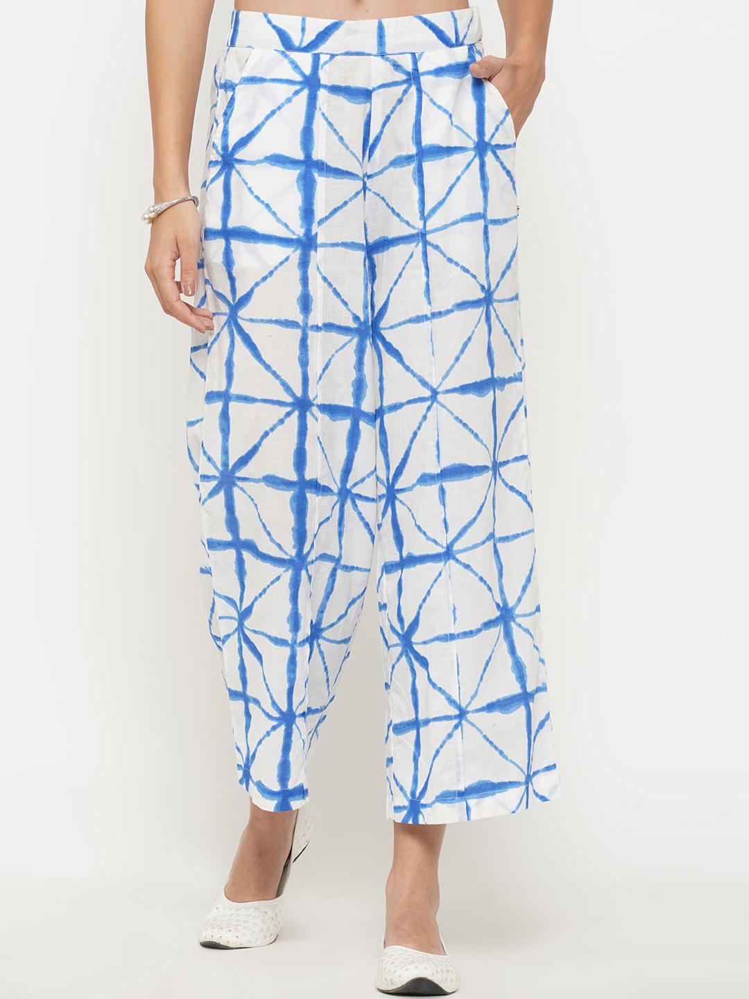 

FABNEST Women Blue Printed Relaxed Trousers, White