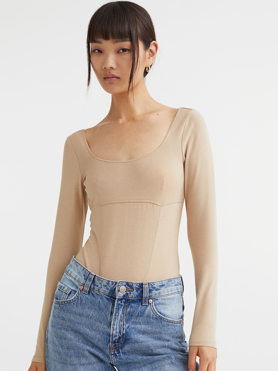 

H&M Women Beige Solid Long-Sleeved Bodysuit