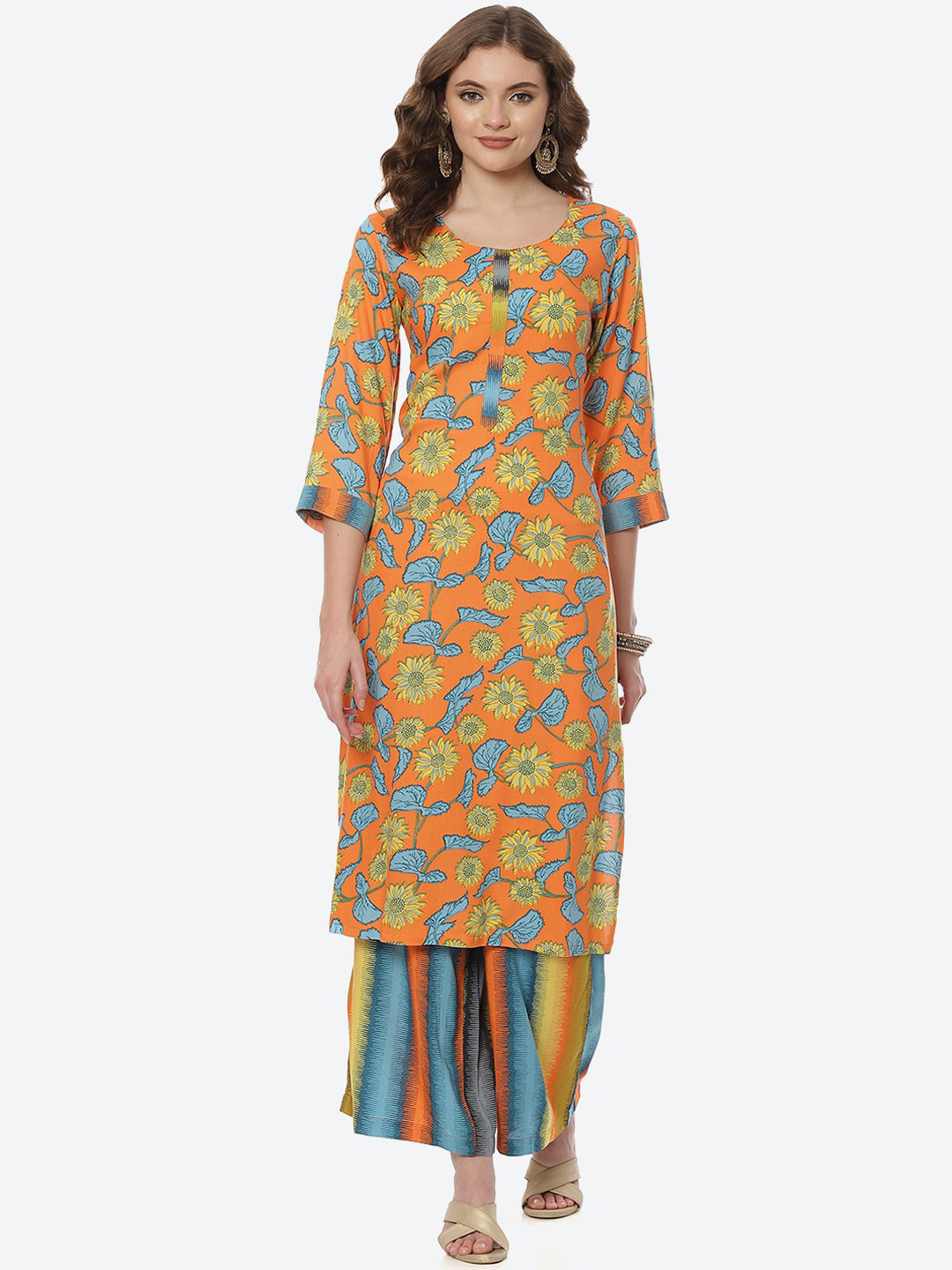 

Rangriti Women Orange Printed Kurta with Palazzos