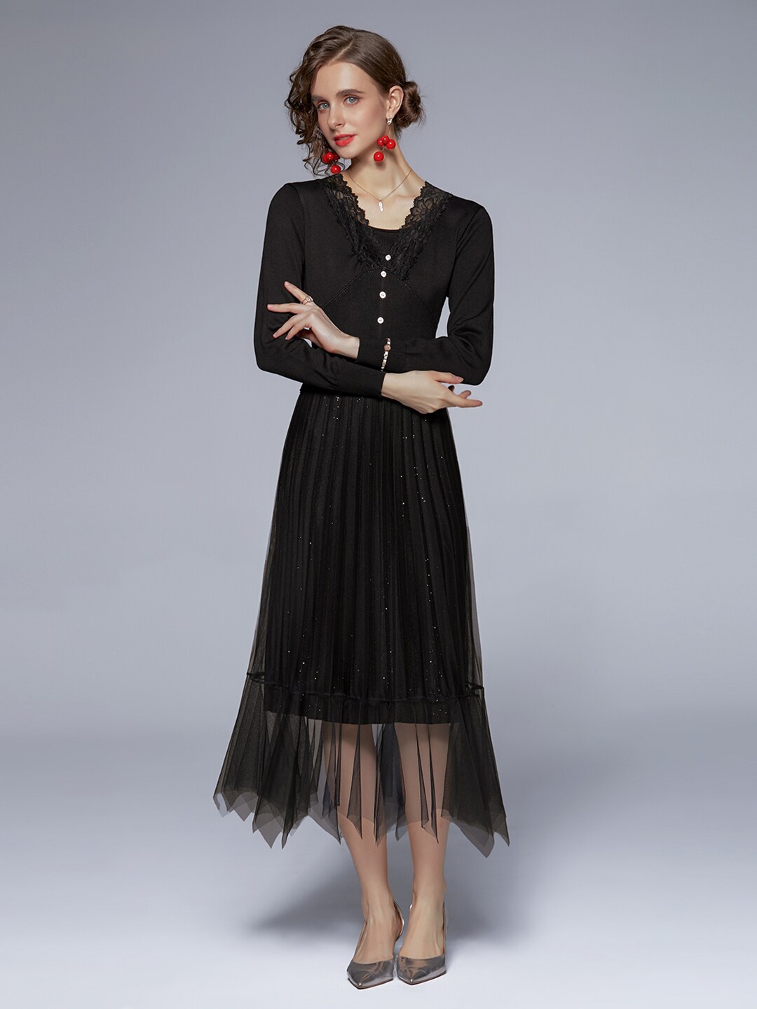 

JC Collection Black Embellished Net Midi Dress