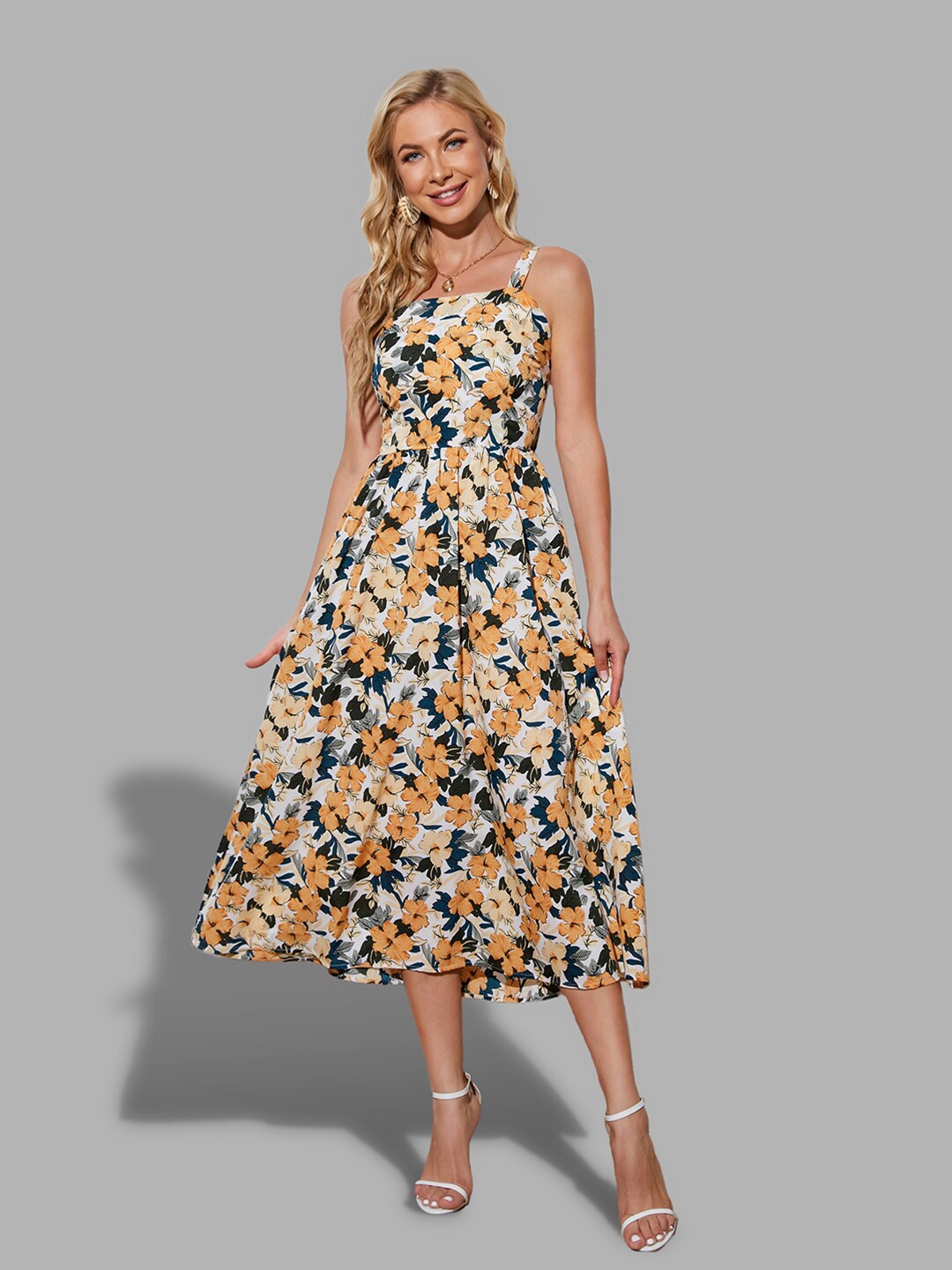 

JC Collection White & Yellow Floral A-Line Midi Dress