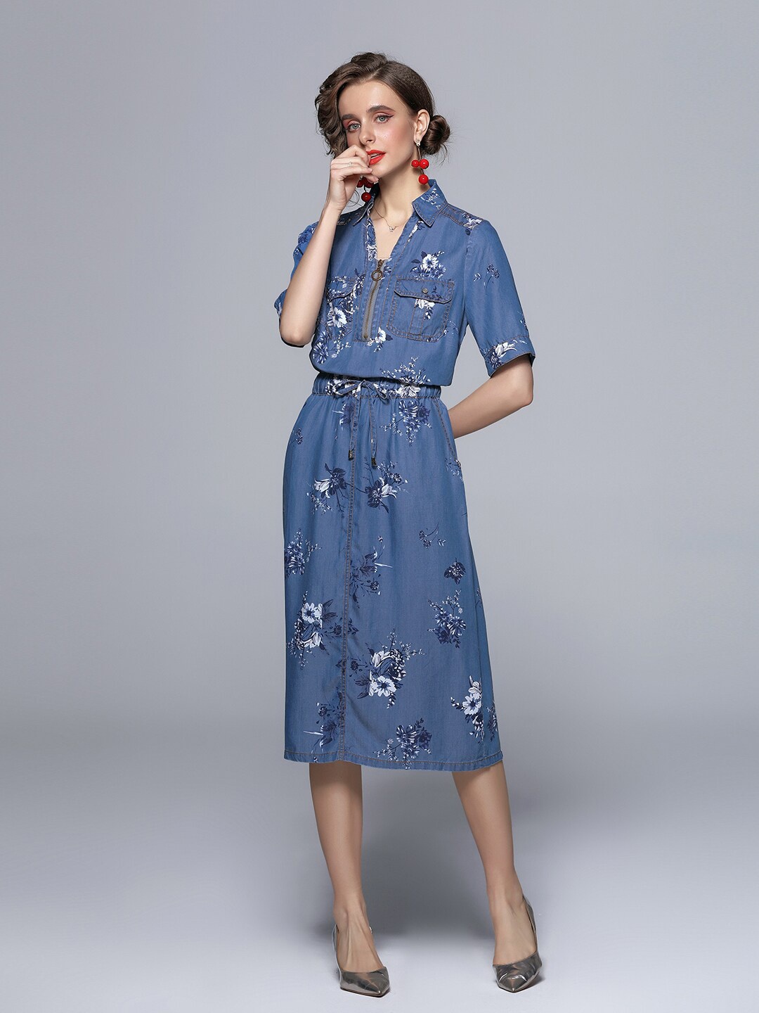 

JC Collection Blue Floral Shirt Midi Dress