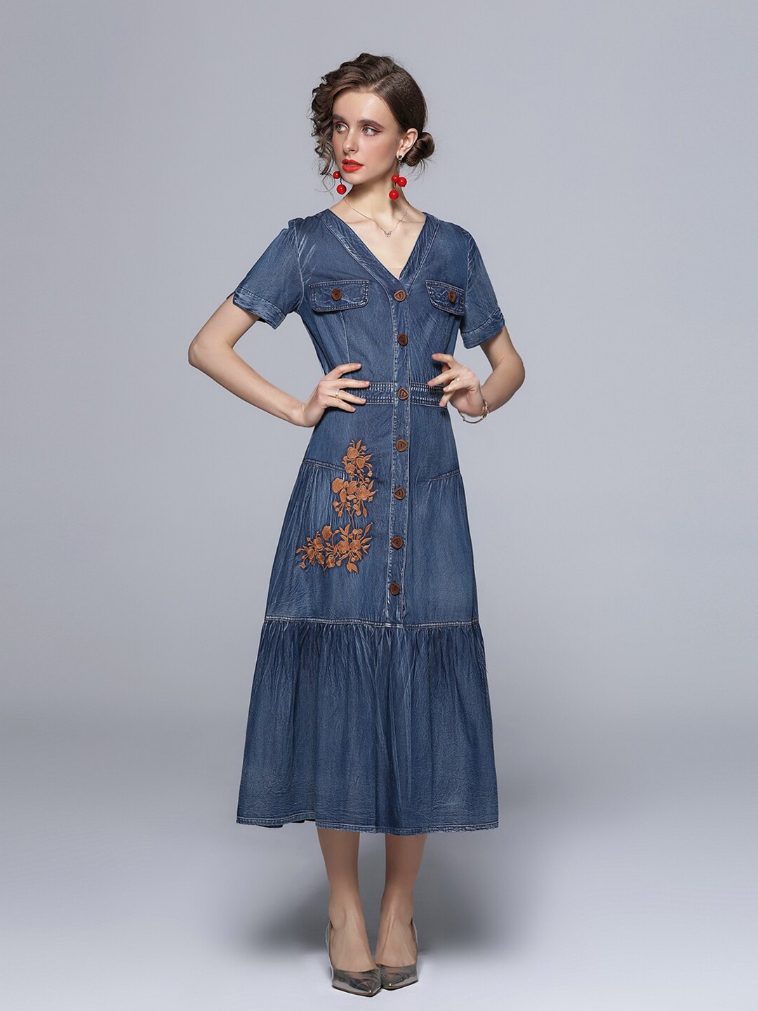 

JC Collection Blue Floral Embroidered Denim Midi Dress