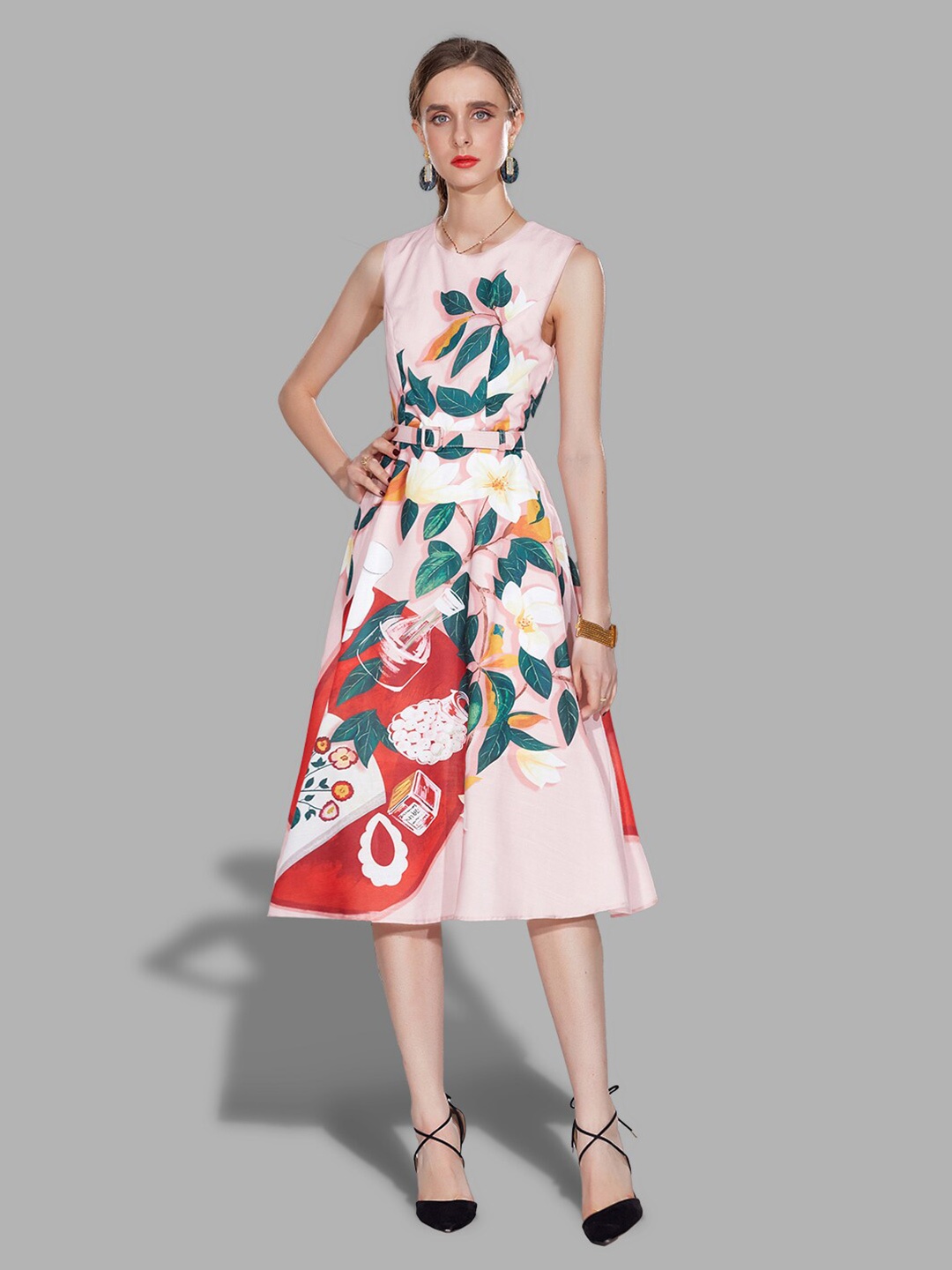 

JC Collection Women Pink Printed Floral Midi Sleeveless Dress