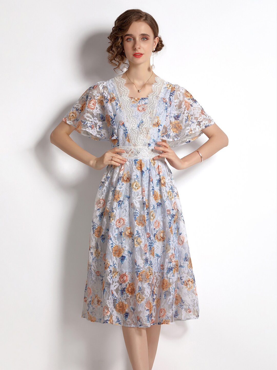 

JC Collection Women Multicoloured Floral Gathered Lace Dress, Multi