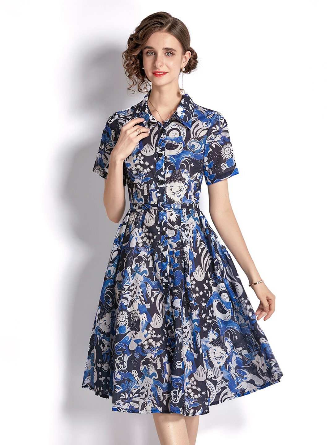 

JC Collection Women White & Blue Floral Gathered Shirt Collar Dress
