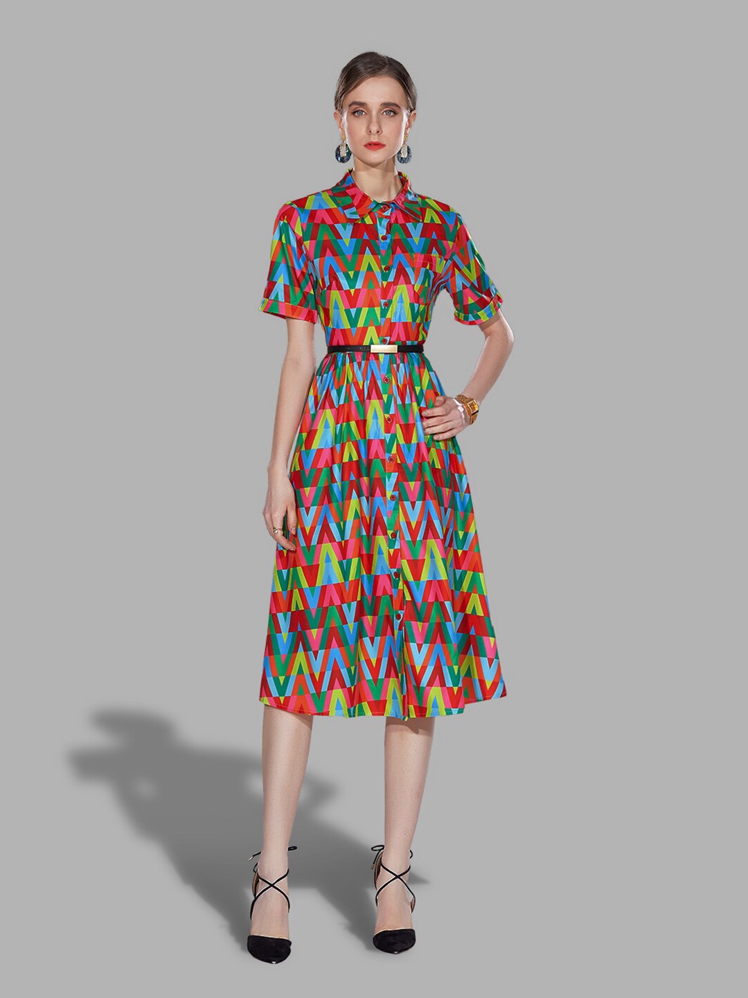 

JC Collection Women Multicoloured A-Line Midi Shirt Collar Dress, Multi