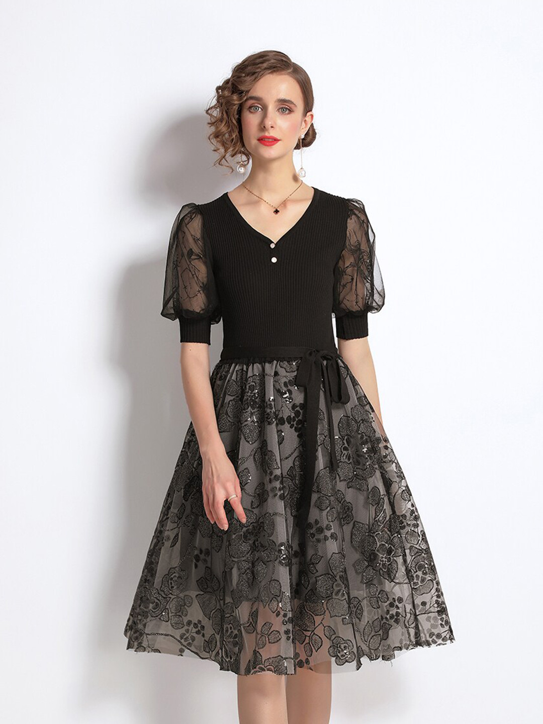 

JC Collection Women Black Floral Formal Sequined Cuffed Sleeves Dress