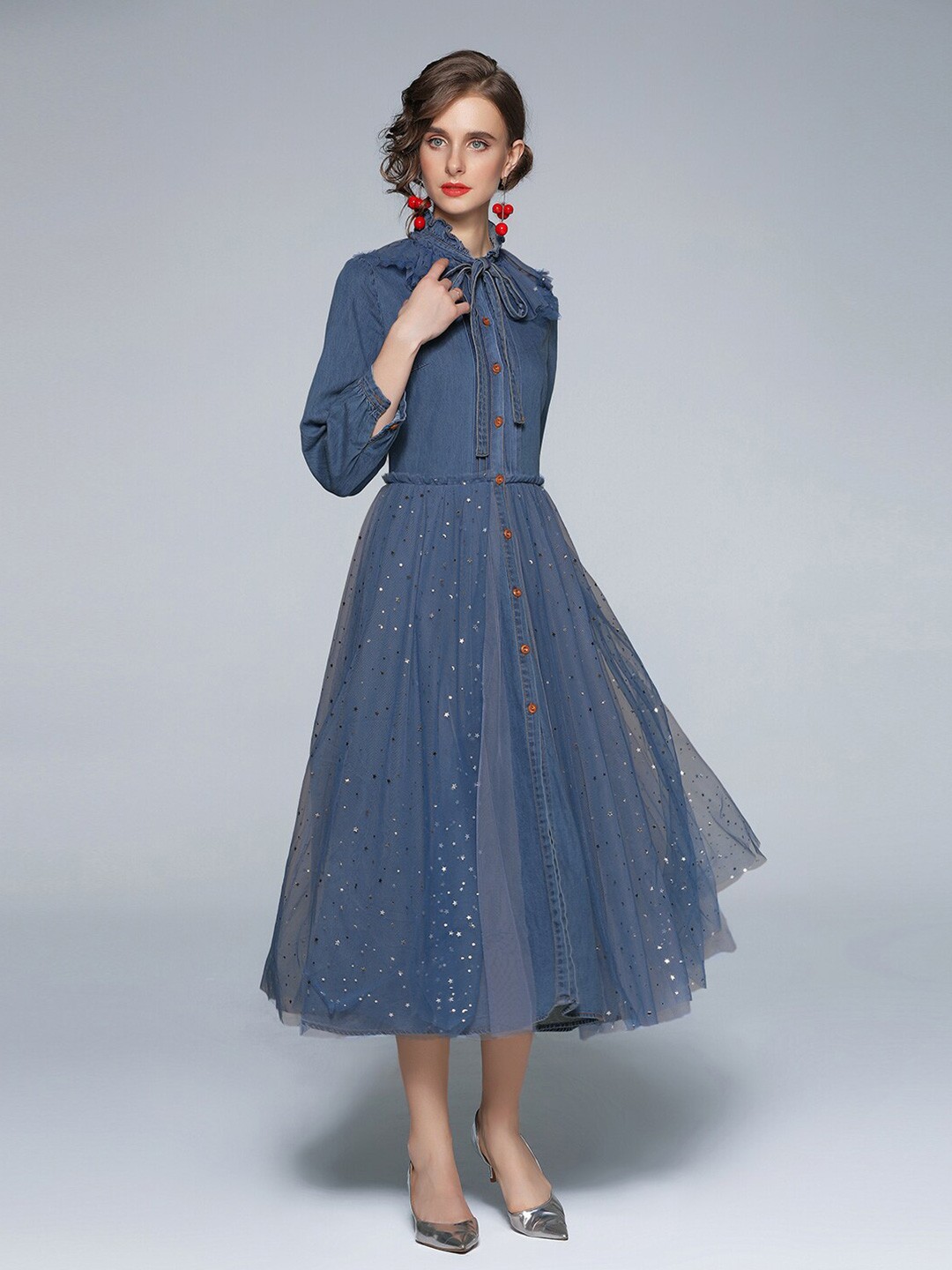 

JC Collection Women Blue Tie-Up Neck A-Line Midi Dress