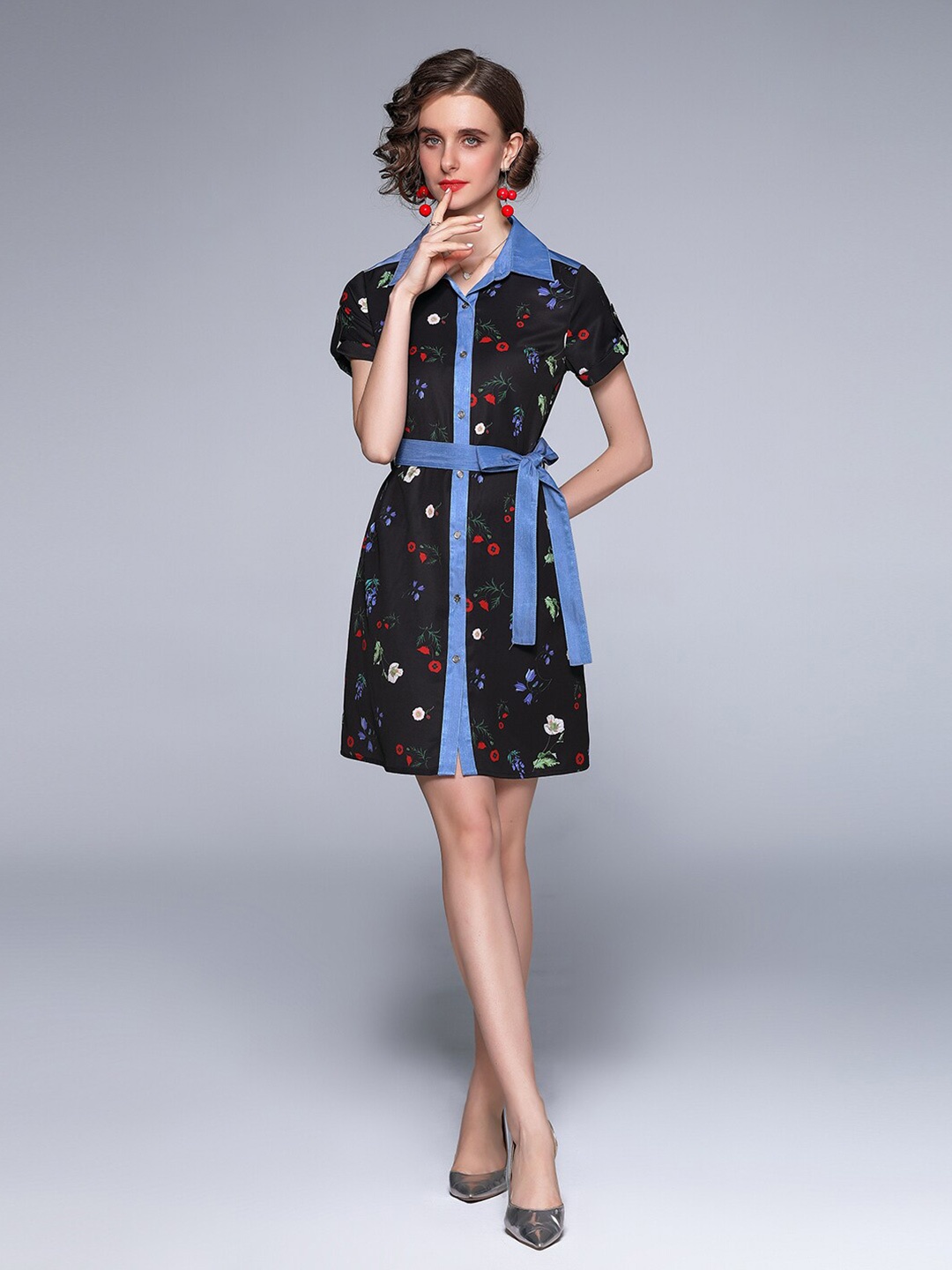 

JC Collection Women Black Floral Short Sleeves Dress