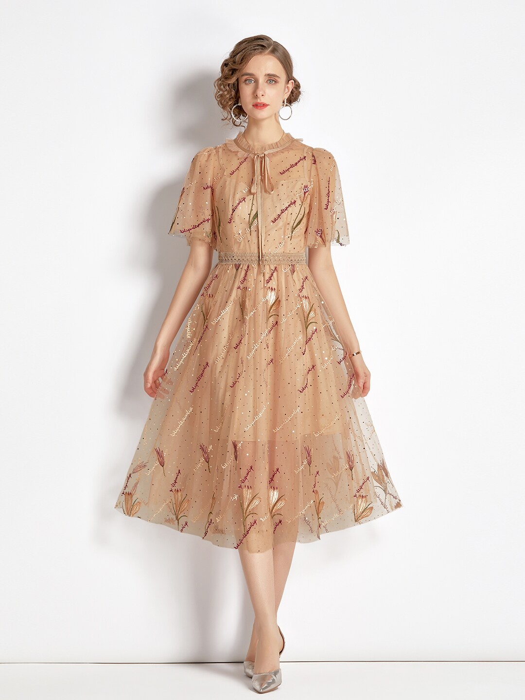 

JC Collection Brown Printed Embellished Floral Tie-Up Neck Midi Dress