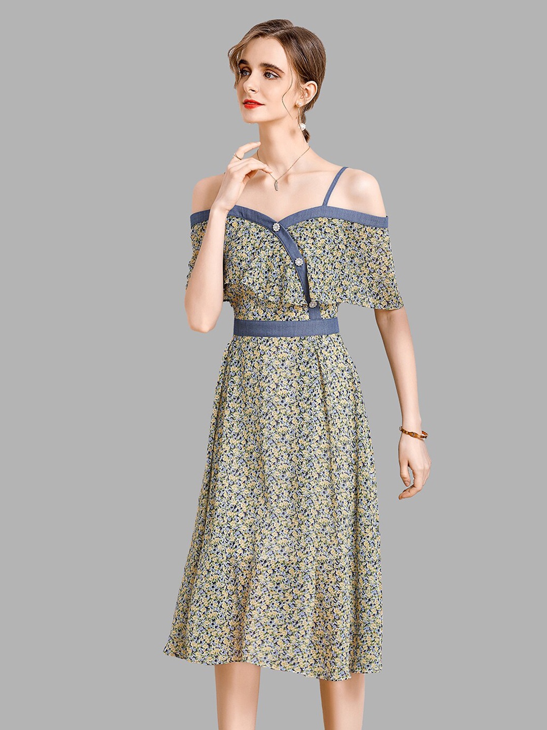 

JC Collection Women Green Floral Layered A-Line Midi Dress