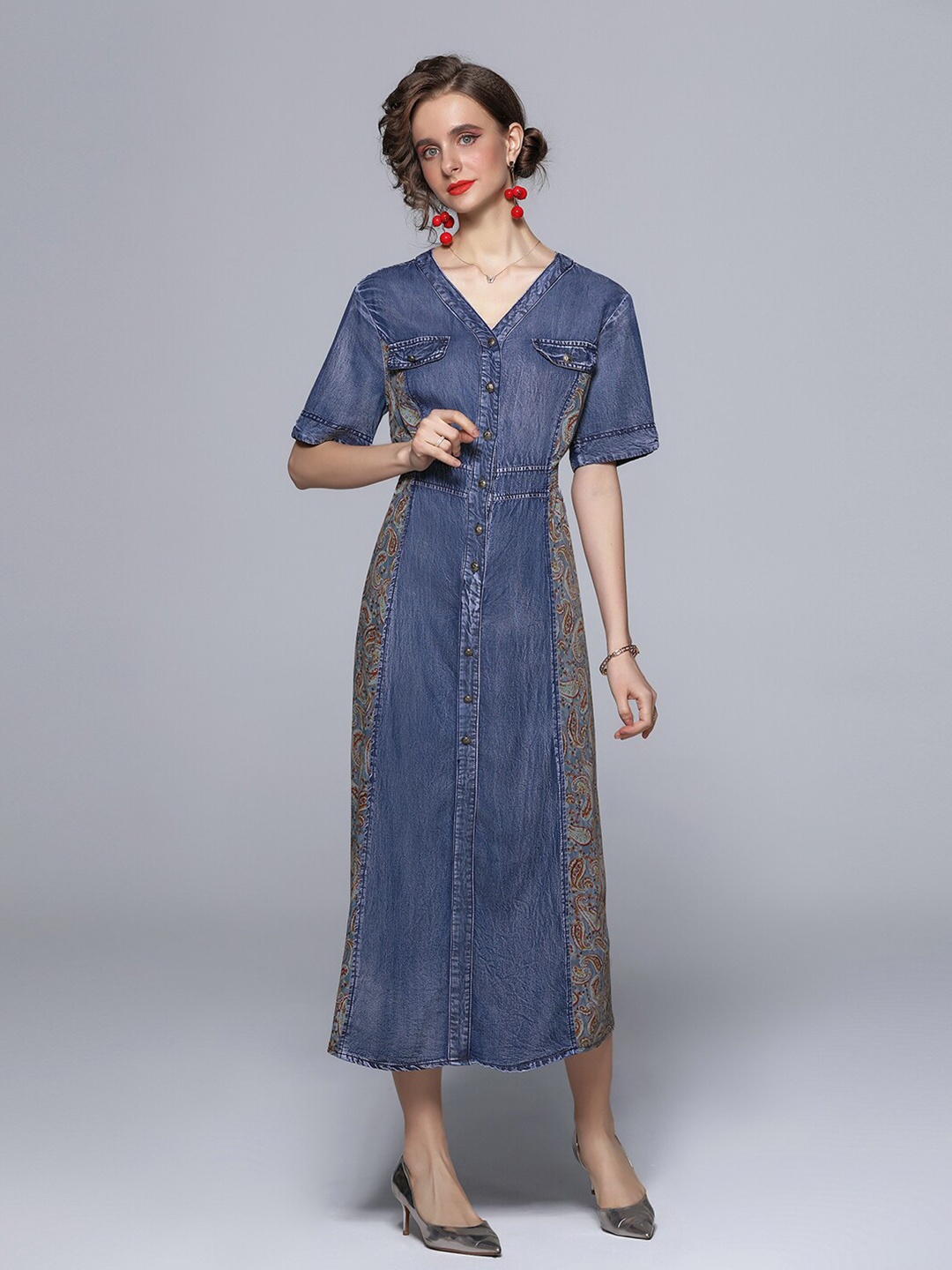 

JC Collection Blue Ethnic Motifs Shirt Midi Dress