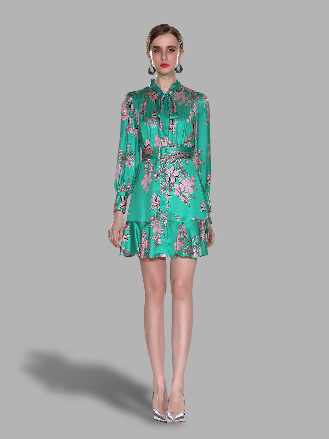 

JC Collection Green Floral Tie-Up Neck Shirt Dress