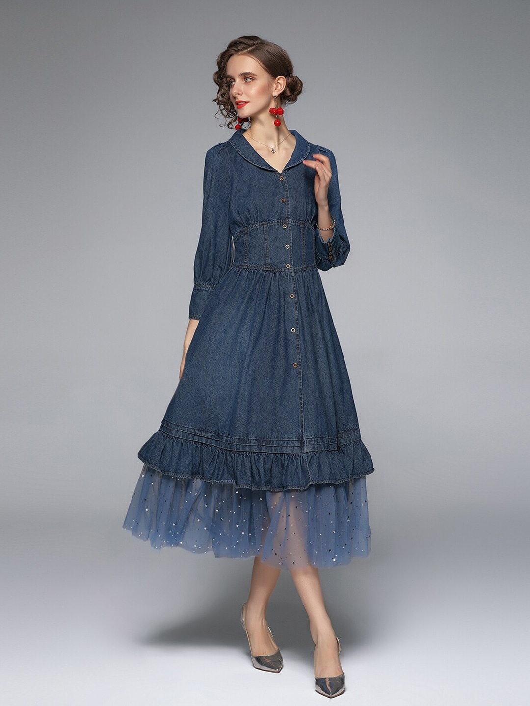 

JC Collection Blue Peter Pan Collar Denim A-Line Midi Dress