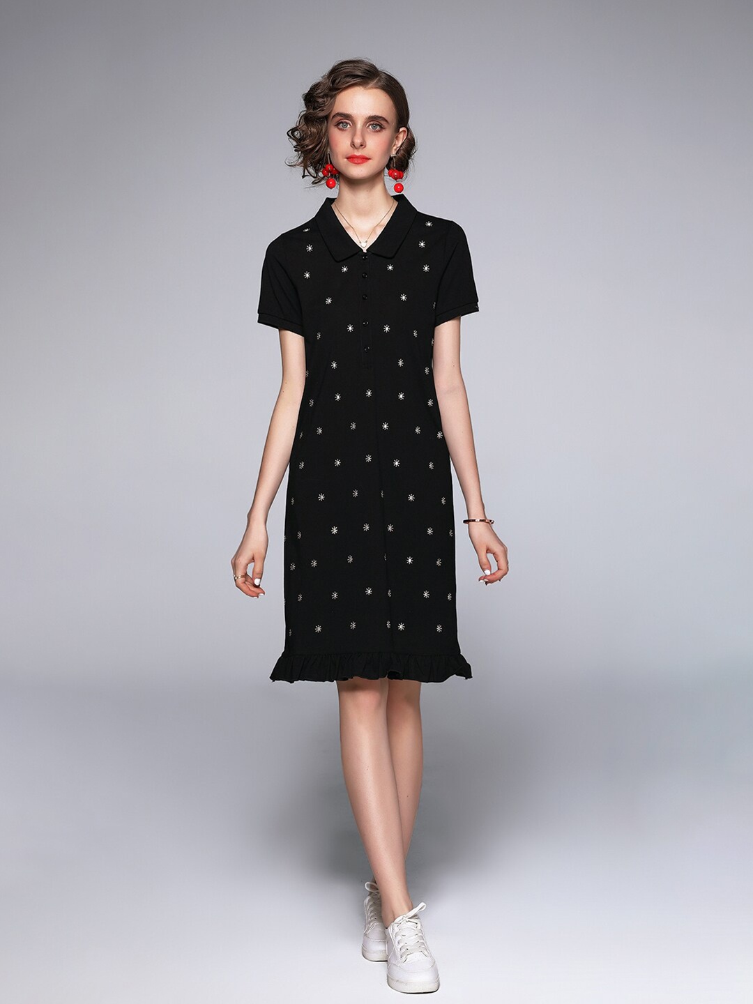 

JC Collection Women Black Polyester Shirt Collar A-Line Dress