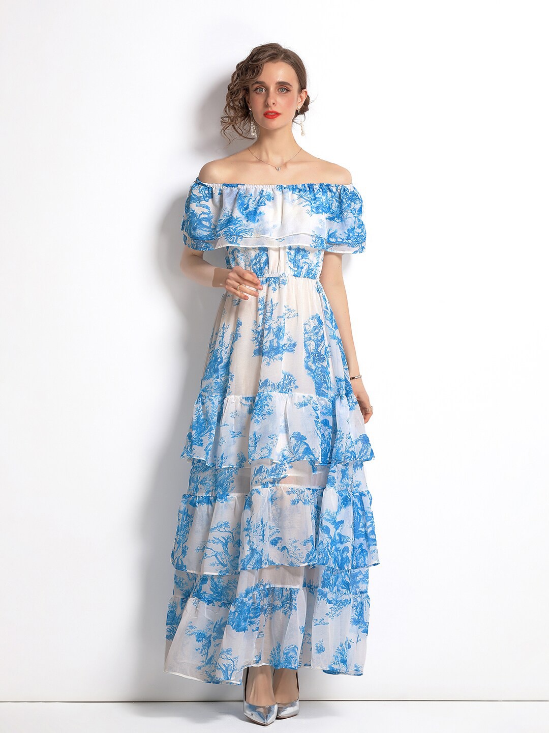 

JC Collection Women Blue & White Floral Printed Tiered Maxi Dress
