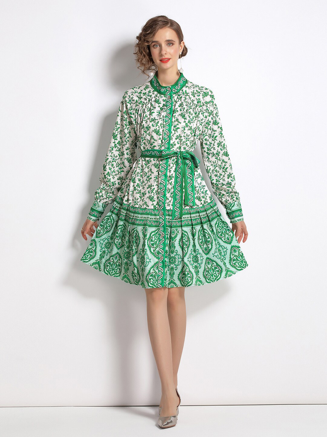 

JC Collection Green Floral Printed Belted A-Line Dress