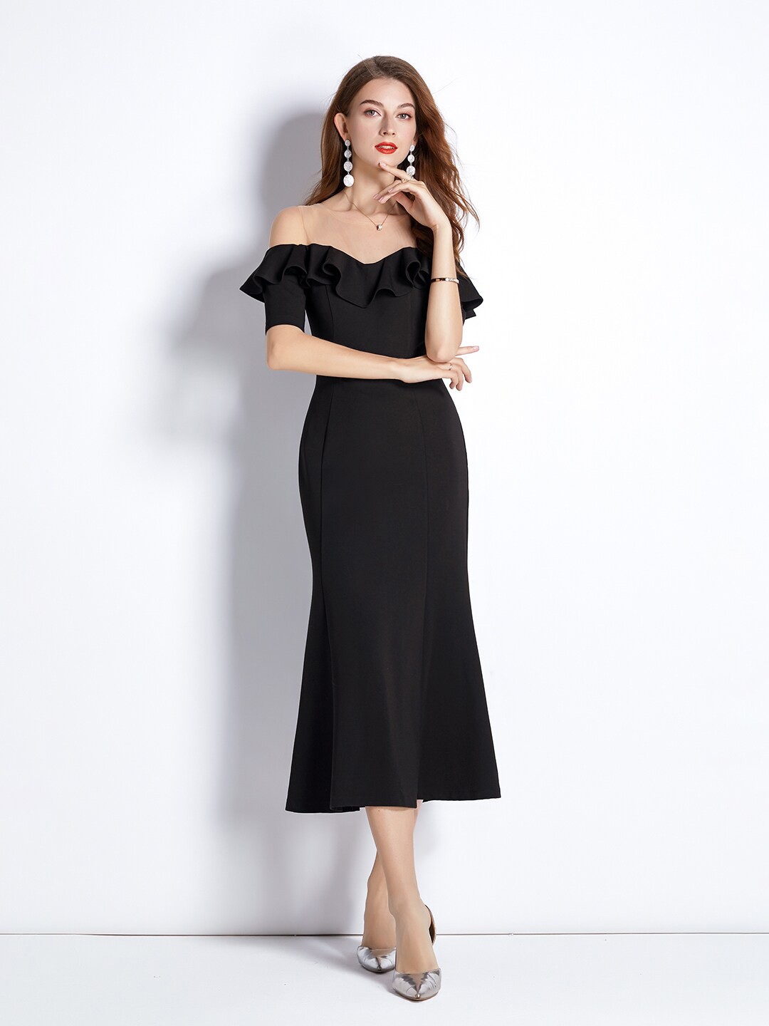 

JC Collection Women Black Off-Shoulder A-Line Midi Dress