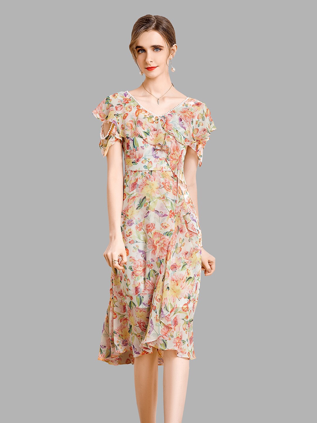 

JC Collection White & Pink Floral A-Line Midi Dress