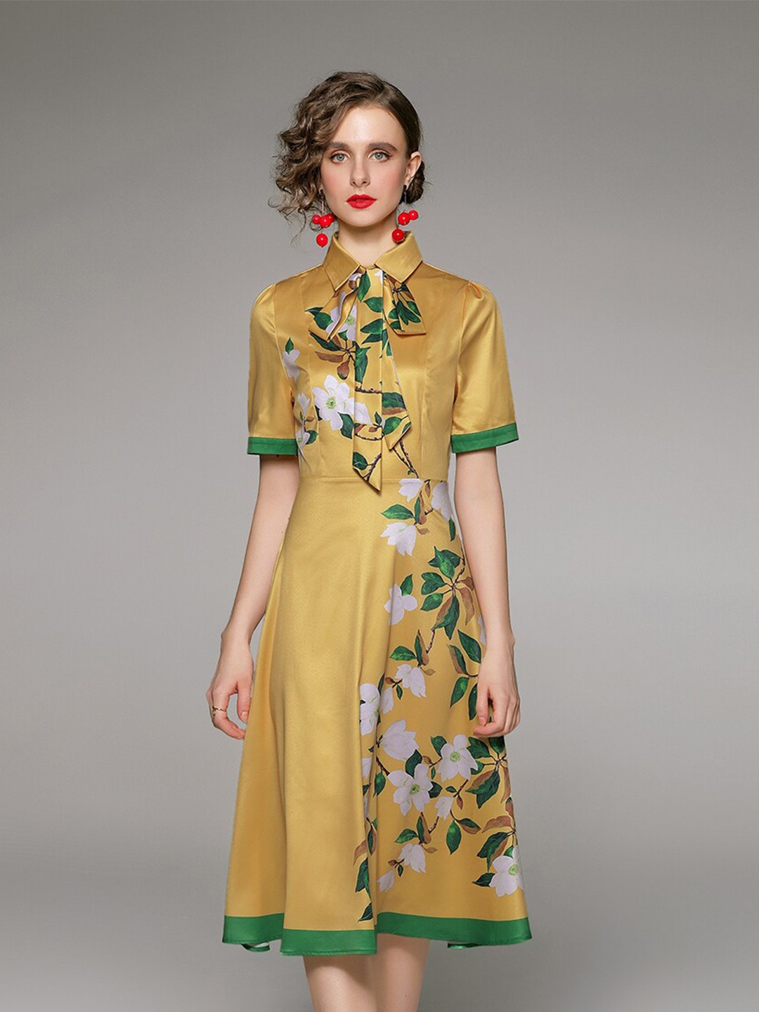 

JC Collection Yellow and Green Floral Pure Polyester Midi Dress