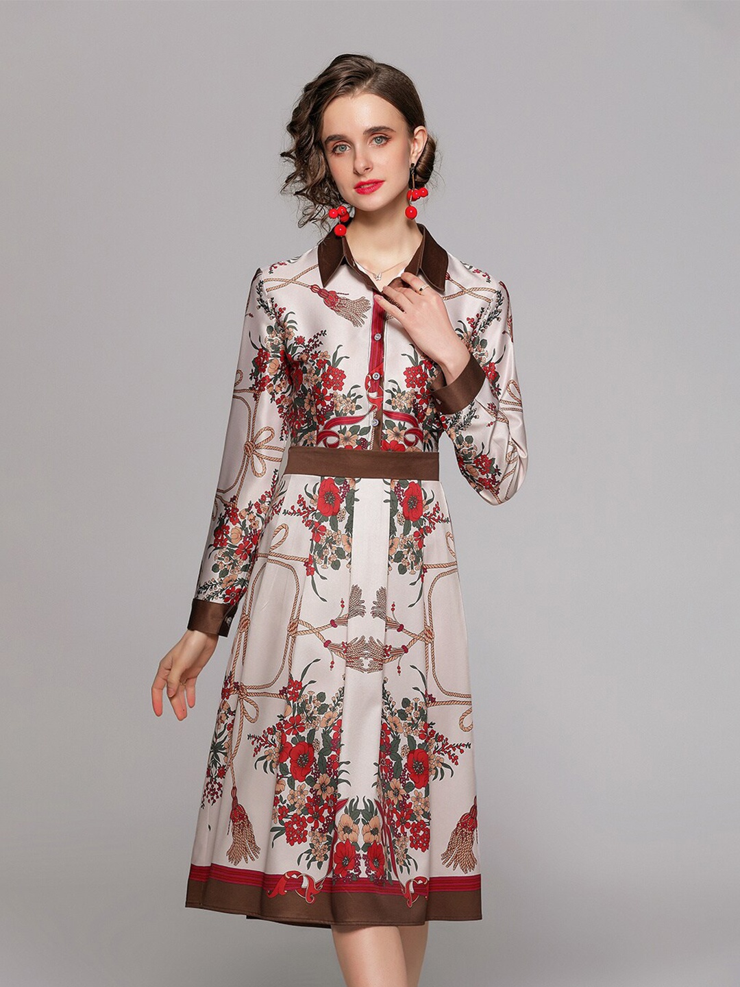 

JC Collection Cream, Red and Brown Floral Polyester A-Line Midi Dress