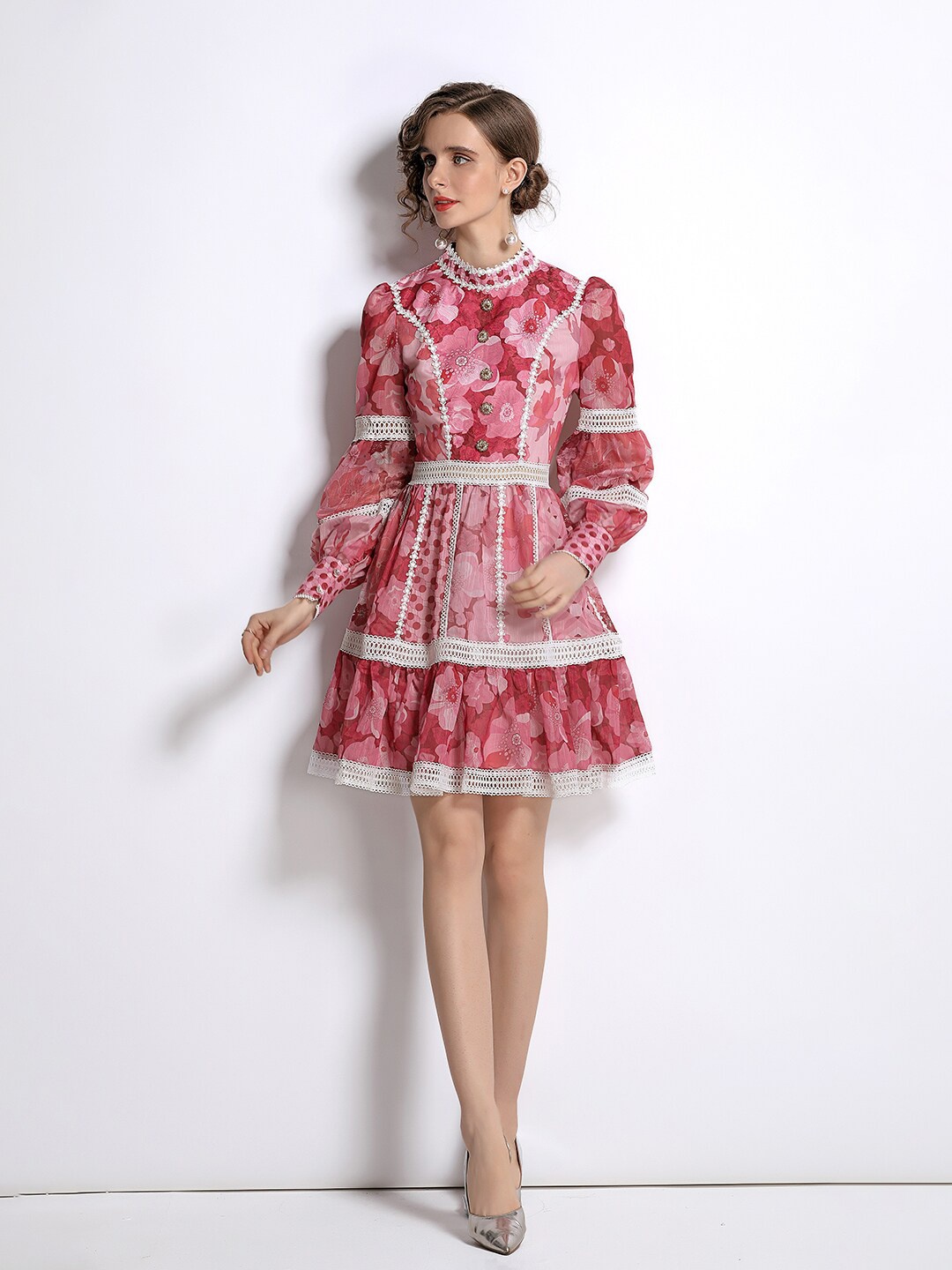 

JC Collection Red Floral Tiered Pure Polyester Dress