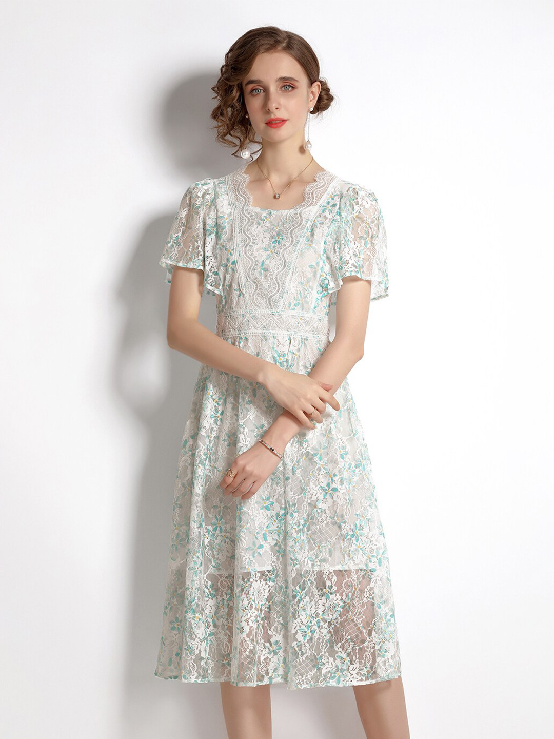 

JC Collection White and Sea Green Net Polyester Floral Dress