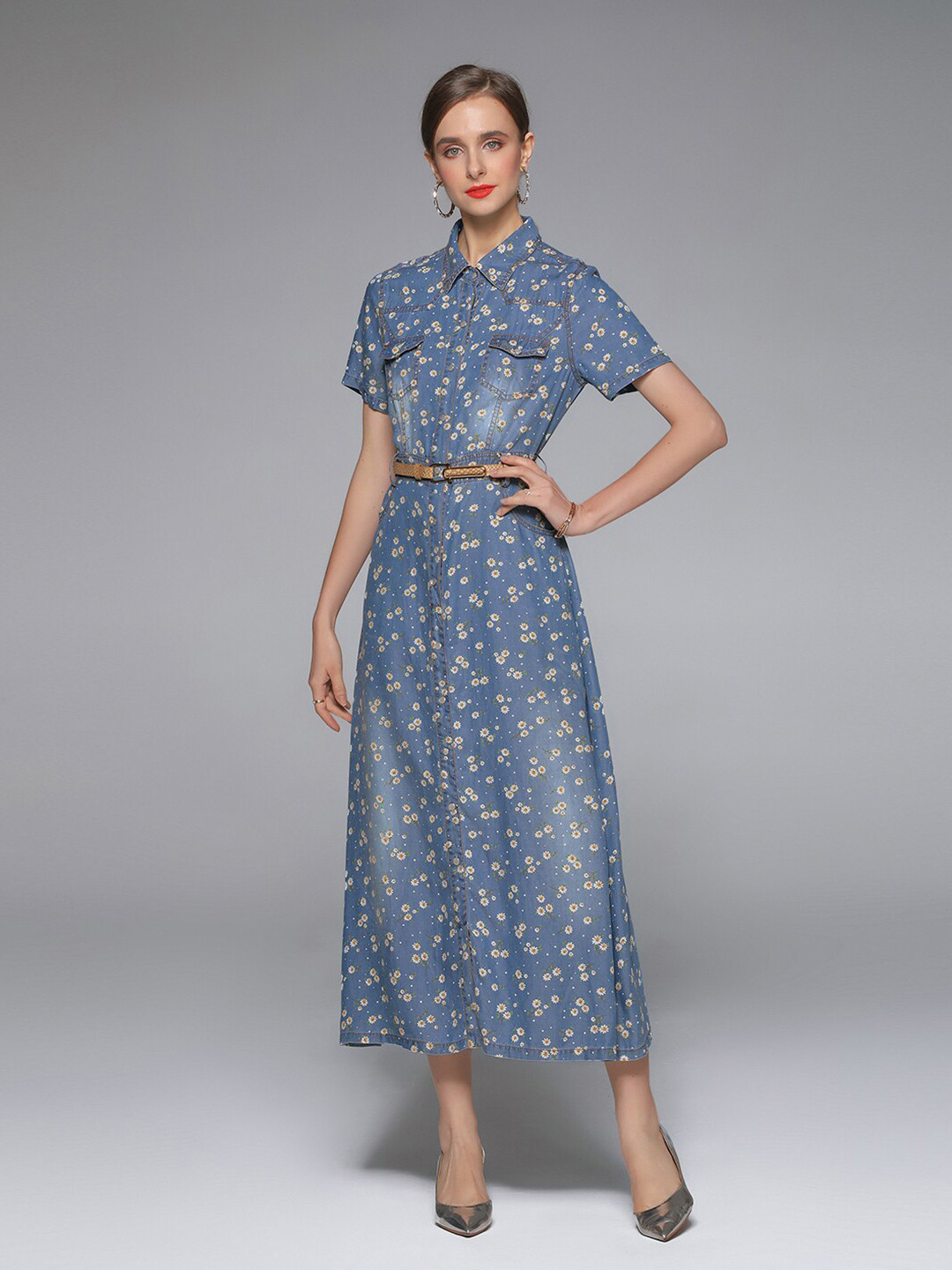 

JC Collection Blue Floral A-Line Midi Dress with Belt