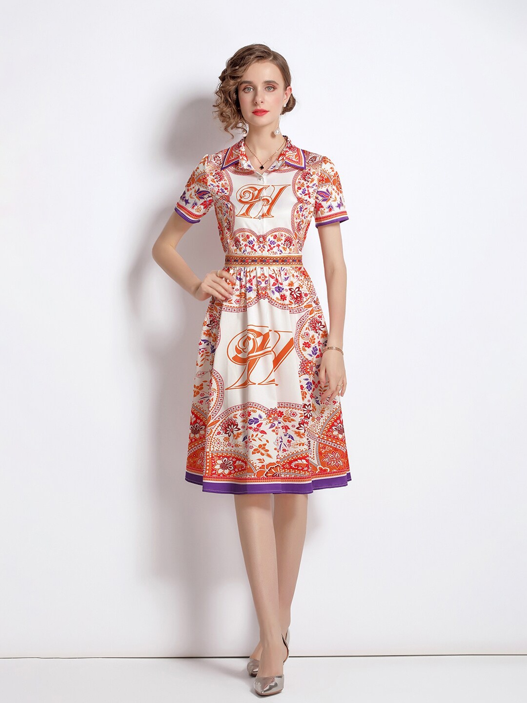 

JC Collection Orange & Off White Ethnic Motifs Printed Fit & Flare Dress